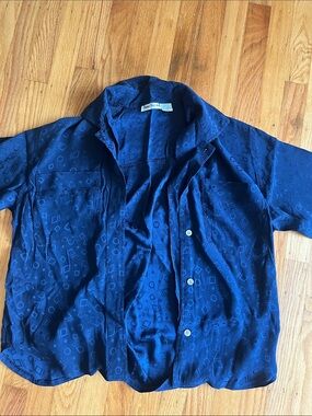 Anne Klein Blue Geometric Long-Sleeve Button-Up Shirt